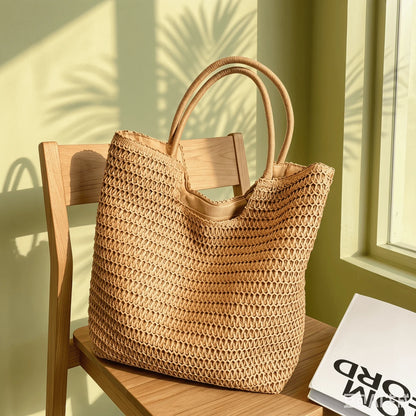 Women's Large Capacity Handmade Straw Beach Tote Bag, Lightweight Crochet Woven Boho Shoulder Bag For Summer Vacation & Daily Use