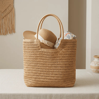 Women's Large Capacity Handmade Straw Beach Tote Bag, Lightweight Crochet Woven Boho Shoulder Bag For Summer Vacation & Daily Use