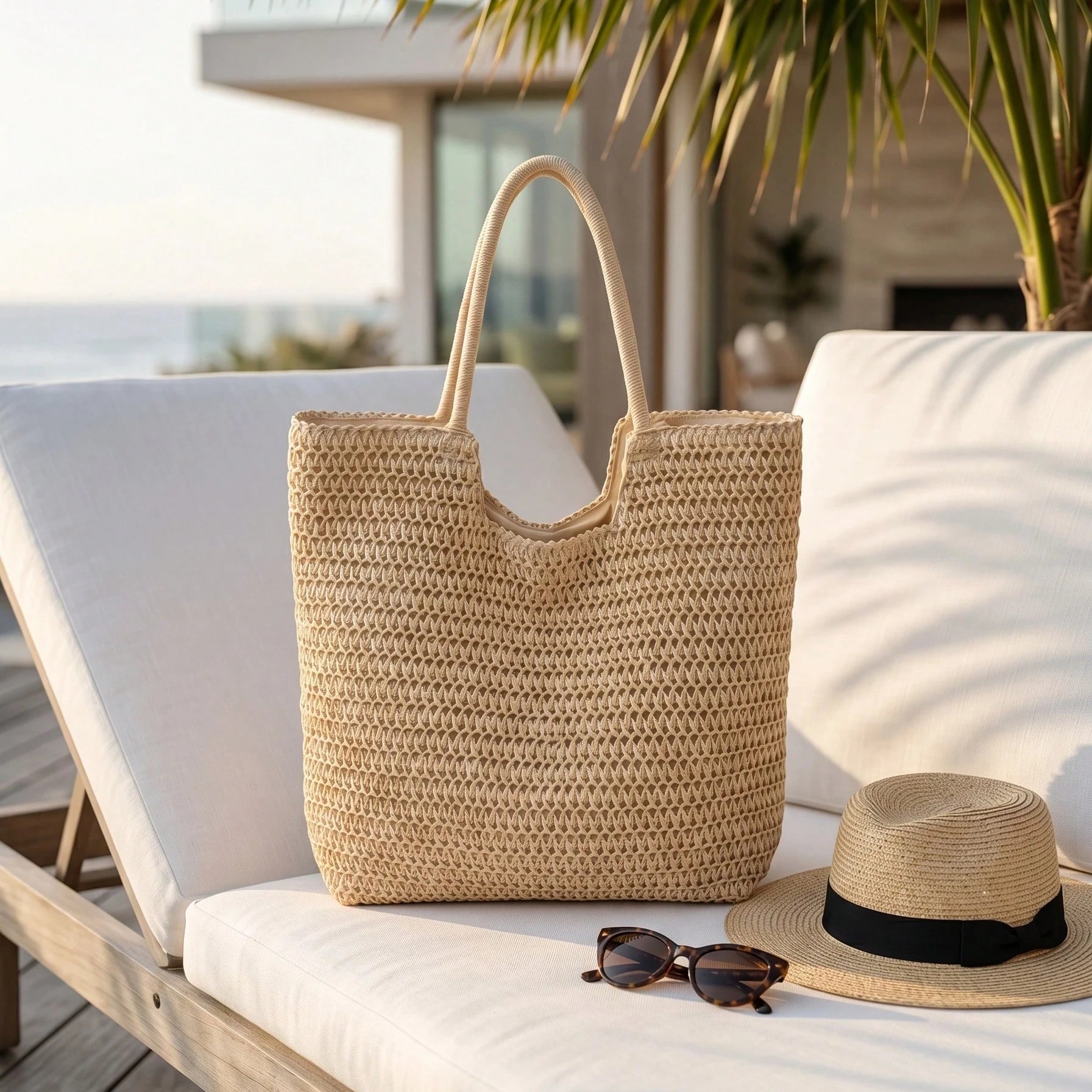 Women's Large Capacity Handmade Straw Beach Tote Bag, Lightweight Crochet Woven Boho Shoulder Bag For Summer Vacation & Daily Use