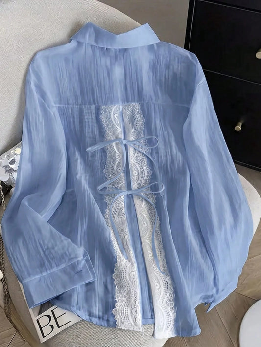 Women's Lightweight Lace Trim Semi-Sheer Layered Shirt, Fashion Designer Version, Suitable For Spring, Summer And Autumn, Machine Washable, Boho-Chic