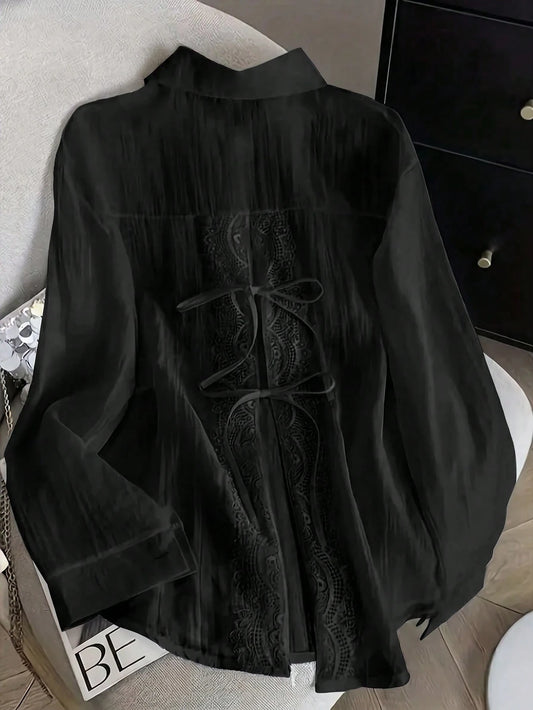 Women's Lightweight Lace Trim Semi-Transparent Layering Shirt, Fashionable Gentleman Design Fit Women's Top Black