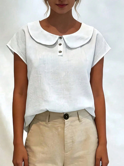 Women's Lightweight Summer Linen Casual Shirt- Short Sleeve Collared Design, Comfortable Breathable Fit, Plus Size, Suitable For Beach Vacation And Spring/Summer/Autumn Wear, Elegant Minimalist Versa
