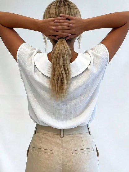 Women's Lightweight Summer Linen Casual Shirt- Short Sleeve Collared Design, Comfortable Breathable Fit, Plus Size, Suitable For Beach Vacation And Spring/Summer/Autumn Wear, Elegant Minimalist Versa