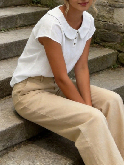 Women's Lightweight Summer Linen Casual Shirt- Short Sleeve Collared Design, Comfortable Breathable Fit, Plus Size, Suitable For Beach Vacation And Spring/Summer/Autumn Wear, Elegant Minimalist Versa