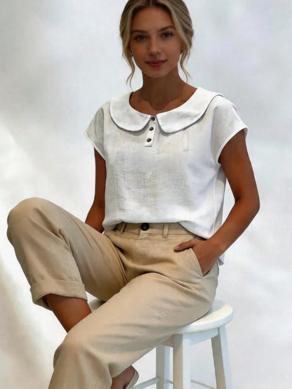 Women's Lightweight Summer Linen Casual Shirt- Short Sleeve Collared Design, Comfortable Breathable Fit, Plus Size, Suitable For Beach Vacation And Spring/Summer/Autumn Wear, Elegant Minimalist Versa