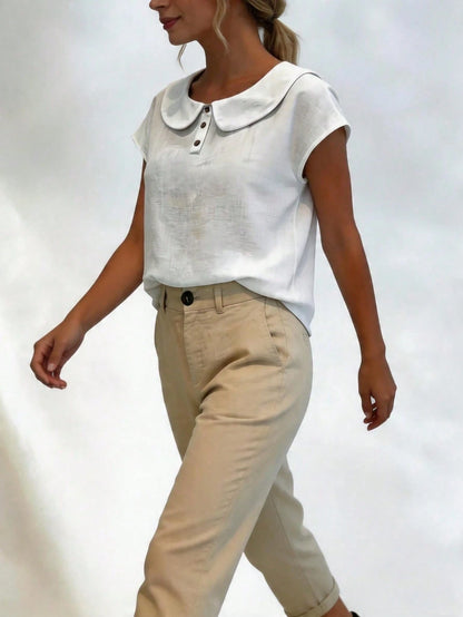 Women's Lightweight Summer Linen Casual Shirt- Short Sleeve Collared Design, Comfortable Breathable Fit, Plus Size, Suitable For Beach Vacation And Spring/Summer/Autumn Wear, Elegant Minimalist Versa