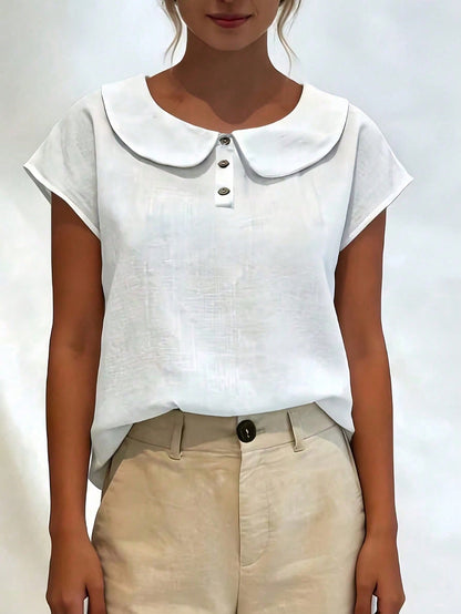 Women's Lightweight Summer Linen Casual Shirt- Short Sleeve Collared Design, Comfortable Breathable Fit, Plus Size, Suitable For Beach Vacation And Spring/Summer/Autumn Wear, Elegant Minimalist Versa
