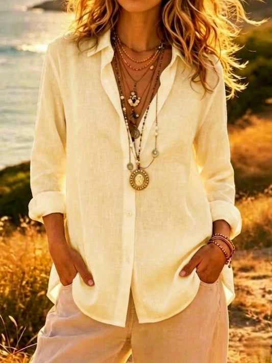 Women's Linen Button Down Shirts Long Sleeve Casual Loose Fit Blouse V Neck Summer Tops Yellow