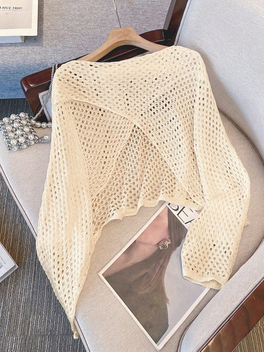 Women's Long Sleeve Hollow Out Knit Pullover Cover Up, Reversible Solid Color Beach Mesh Cover Up Vacation Summer