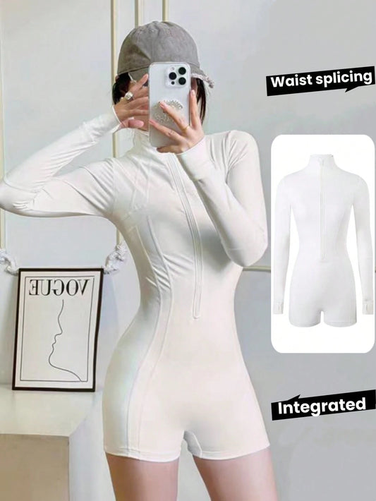 Women's Long Sleeve Modest Quick-Dry Swimsuit, White Sports One-Piece Competitive Swimming Suit, Suitable For Fitness Swimming