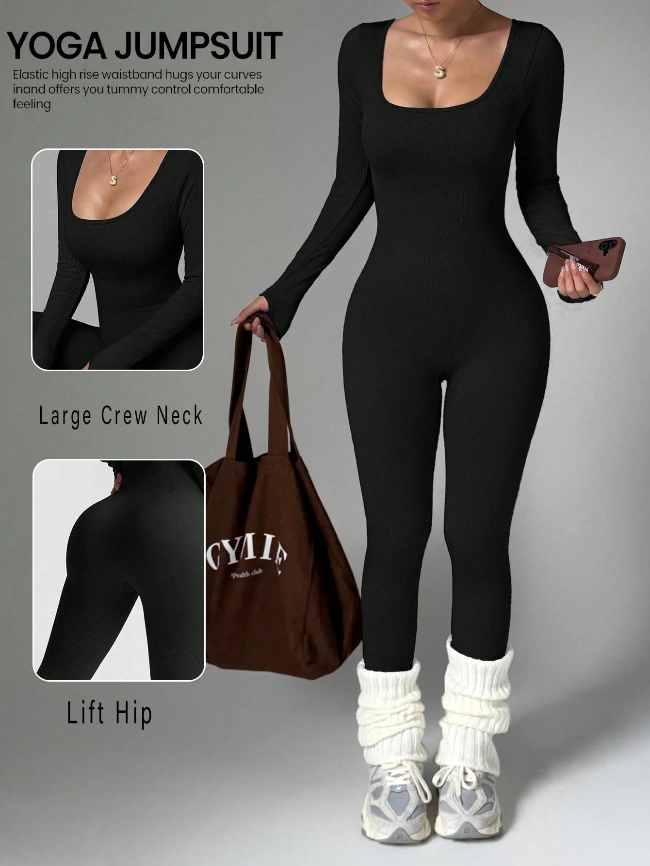 Women's Long Sleeve Round Neck Jumpsuit, Waist-Cinched Hip-Lifting Slim Fit, Elastic Sports Wear, Suitable For Winter Fitness, Running, Daily Outdoor Wear