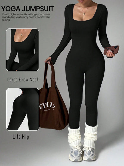 Women's Long Sleeve Round Neck Jumpsuit, Waist-Cinched Hip-Lifting Slim Fit, Elastic Sports Wear, Suitable For Winter Fitness, Running, Daily Outdoor Wear