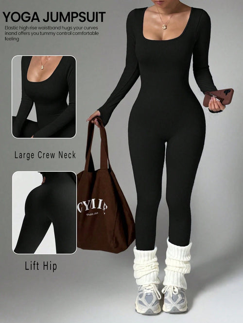 Women's Long Sleeve Round Neck Jumpsuit, Waist-Cinched Hip-Lifting Slim Fit, Elastic Sports Wear, Suitable For Winter Fitness, Running, Daily Outdoor Wear