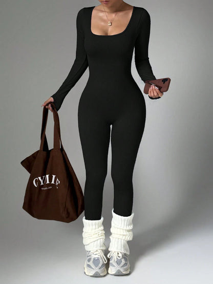 Women's Long Sleeve Round Neck Jumpsuit, Waist-Cinched Hip-Lifting Slim Fit, Elastic Sports Wear, Suitable For Winter Fitness, Running, Daily Outdoor Wear