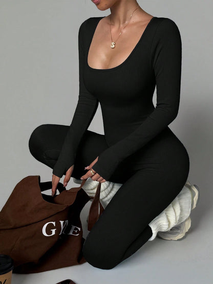 Women's Long Sleeve Round Neck Jumpsuit, Waist-Cinched Hip-Lifting Slim Fit, Elastic Sports Wear, Suitable For Winter Fitness, Running, Daily Outdoor Wear