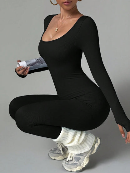 Women's Long Sleeve Round Neck Jumpsuit, Waist-Cinched Hip-Lifting Slim Fit, Elastic Sports Wear, Suitable For Winter Fitness, Running, Daily Outdoor Wear