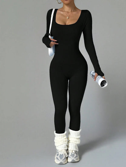 Women's Long Sleeve Round Neck Jumpsuit, Waist-Cinched Hip-Lifting Slim Fit, Elastic Sports Wear, Suitable For Winter Fitness, Running, Daily Outdoor Wear