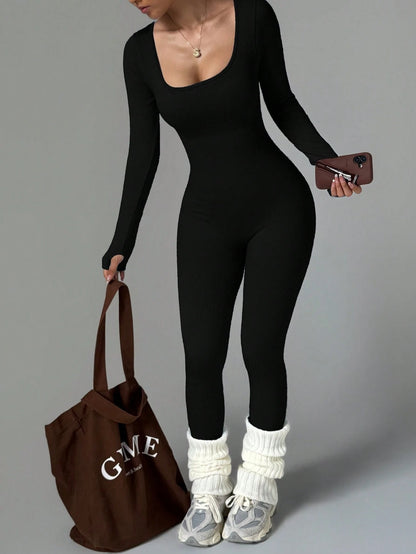 Women's Long Sleeve Round Neck Jumpsuit, Waist-Cinched Hip-Lifting Slim Fit, Elastic Sports Wear, Suitable For Winter Fitness, Running, Daily Outdoor Wear