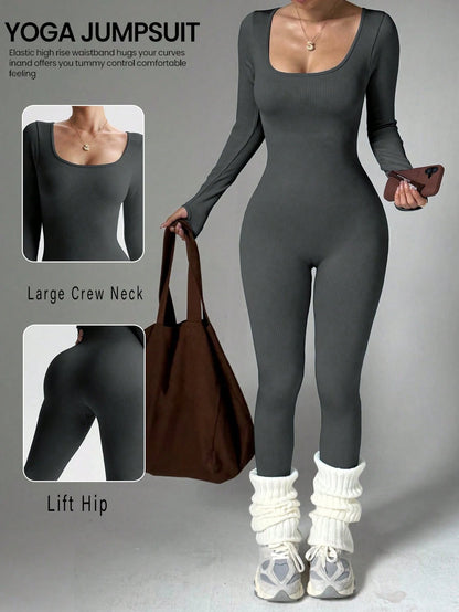 Women's Long Sleeve Round Neck Jumpsuit, Waist-Cinched Hip-Lifting Slim Fit, Elastic Sports Wear, Suitable For Winter Fitness, Running, Daily Outdoor Wear