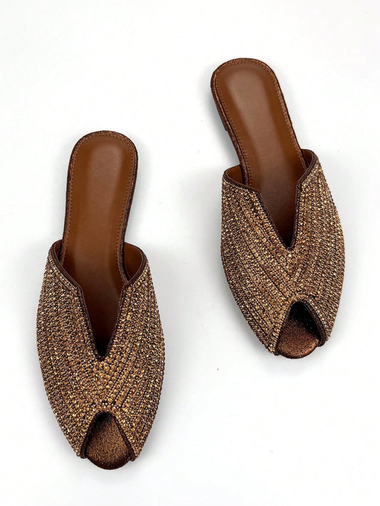 Women's Luxurious Fully Rhinestoned V-Cut Decor Bronze-Tone Fabric Fashionable Comfortable Round Toe Slip-On Mule Flats For Daily Wear & Party,Summer Shoes
