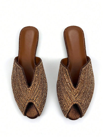 Women's Luxurious Fully Rhinestoned V-Cut Decor Bronze-Tone Fabric Fashionable Comfortable Round Toe Slip-On Mule Flats For Daily Wear & Party,Summer Shoes