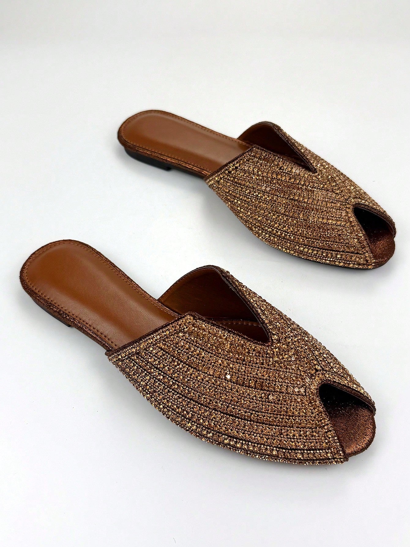 Women's Luxurious Fully Rhinestoned V-Cut Decor Bronze-Tone Fabric Fashionable Comfortable Round Toe Slip-On Mule Flats For Daily Wear & Party,Summer Shoes