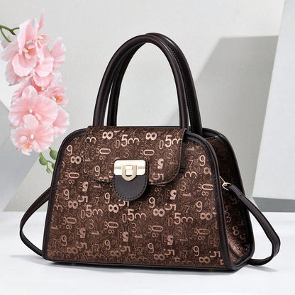 Women's Luxury Digital Print Lock Handbag Crossbody Shoulder Bag, Large Capacity Bag For Daily Commute & Dating Outings