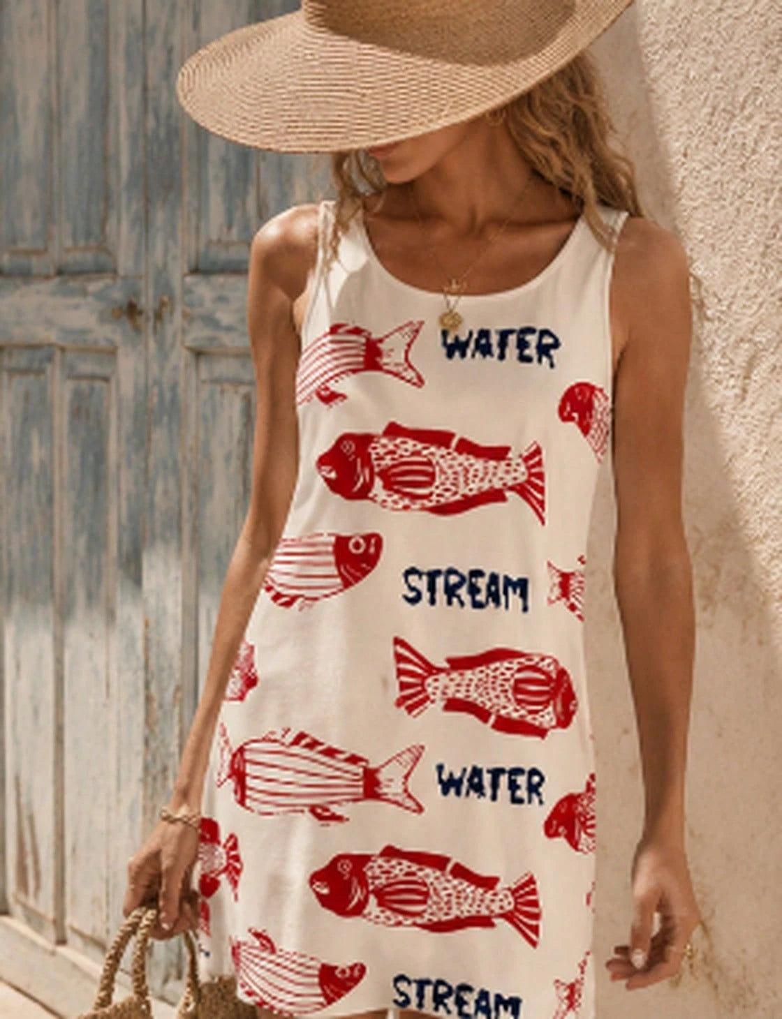 Women's Navy And White Summer Tropical Vacation Holiday Sleeveless Printed Woven Mini Dress,Boho Beach Wear Retro Sardine Fish Print Sun Dress
