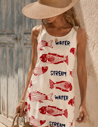 Women's Navy And White Summer Tropical Vacation Holiday Sleeveless Printed Woven Mini Dress,Boho Beach Wear Retro Sardine Fish Print Sun Dress