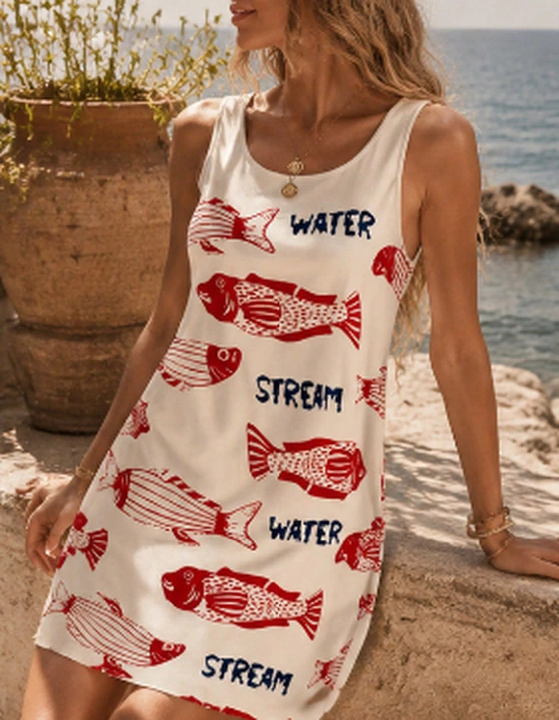 Women's Navy And White Summer Tropical Vacation Holiday Sleeveless Printed Woven Mini Dress,Boho Beach Wear Retro Sardine Fish Print Sun Dress