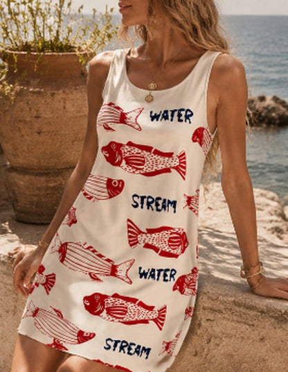 Women's Navy And White Summer Tropical Vacation Holiday Sleeveless Printed Woven Mini Dress,Boho Beach Wear Retro Sardine Fish Print Sun Dress