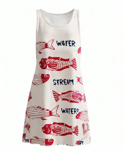 Women's Navy And White Summer Tropical Vacation Holiday Sleeveless Printed Woven Mini Dress,Boho Beach Wear Retro Sardine Fish Print Sun Dress