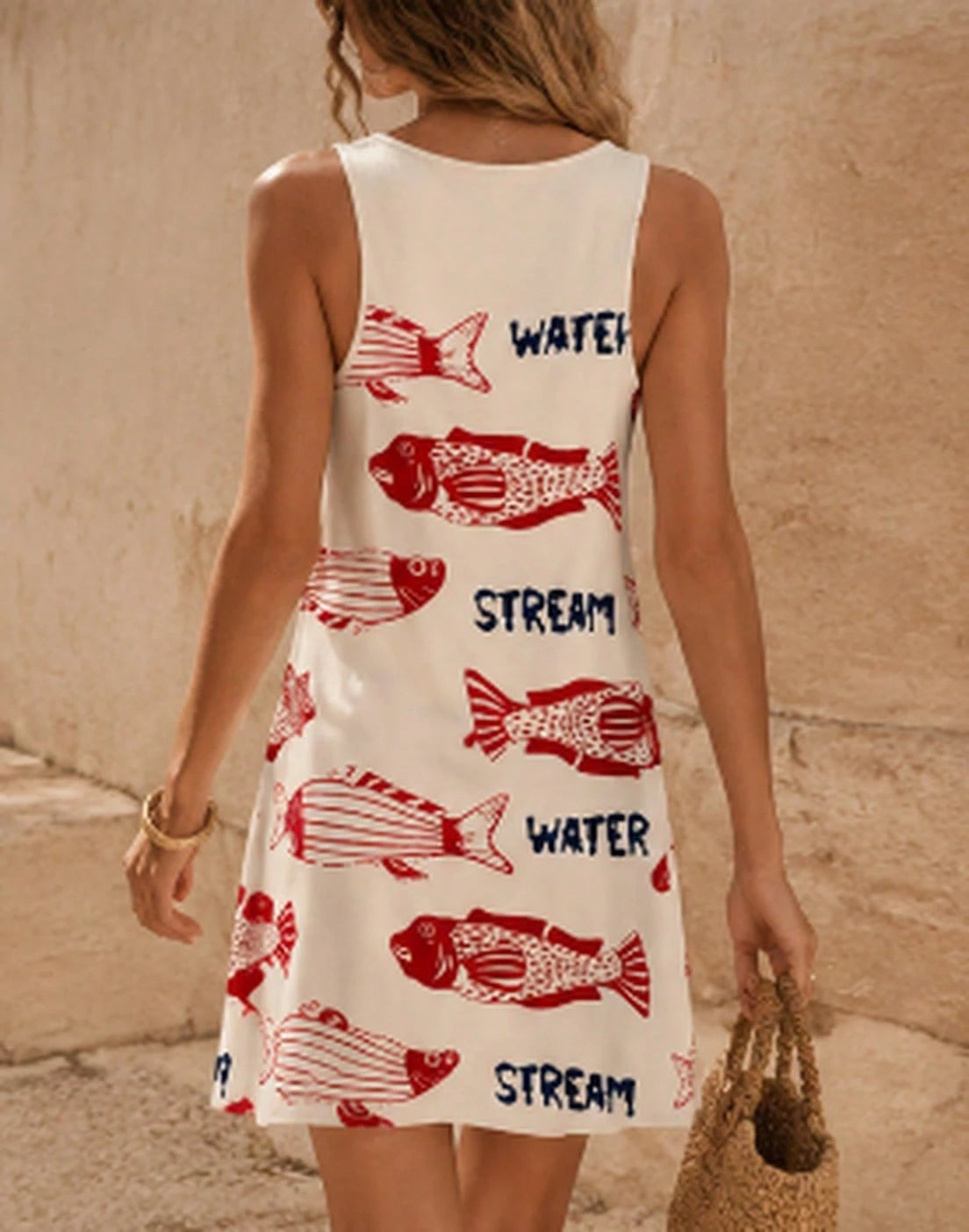 Women's Navy And White Summer Tropical Vacation Holiday Sleeveless Printed Woven Mini Dress,Boho Beach Wear Retro Sardine Fish Print Sun Dress