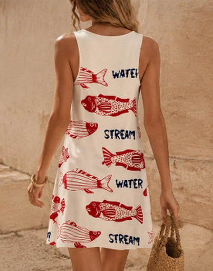 Women's Navy And White Summer Tropical Vacation Holiday Sleeveless Printed Woven Mini Dress,Boho Beach Wear Retro Sardine Fish Print Sun Dress