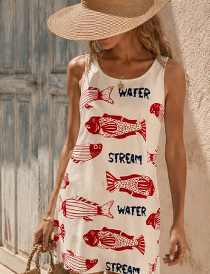 Women's Navy And White Summer Tropical Vacation Holiday Sleeveless Printed Woven Mini Dress,Boho Beach Wear Retro Sardine Fish Print Sun Dress