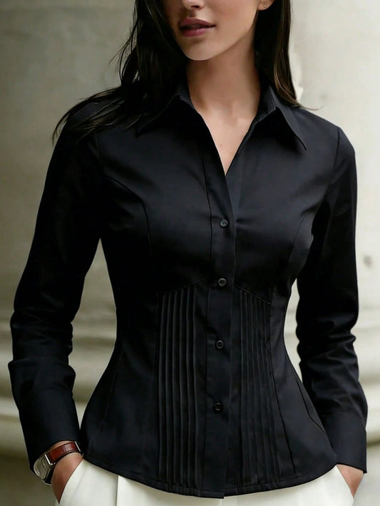 Women's New Bestselling Spring/Autumn Casual Blouse, Long Sleeve Shirt For Daily Commute And Office Wear, Features Elegant Pleated Waist Design To Accentuate Waistline And Body Curves Black