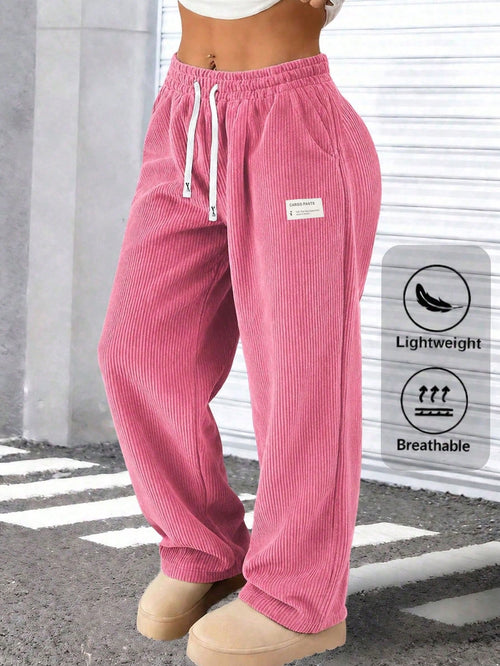Women's New Elegant Fashion Corduroy Casual Long Pants, Solid Color With Drawstring Pockets, Comfortable Style Sports