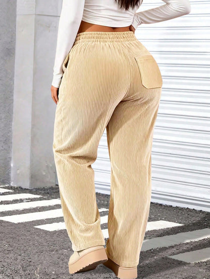 Women's New Elegant Fashion Corduroy Casual Long Pants, Solid Color With Drawstring Pockets, Comfortable Style Sports