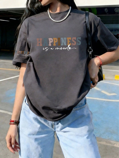 Women's New Minimalist Cute Pattern Casual Vacation Style Loose Versatile Round Neck Regular Fit Knit Short Sleeve T-Shirt, Daily Top Summer