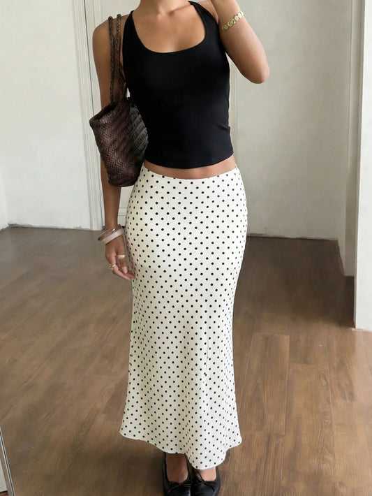 Women's New Spring/Summer 1pc Polka Dot Casual Elegant Woven Hollow Ruffle Hem Double-Layer Opaque Lining Long Skirt, Suitable For Outdoor, Vacation, Holiday, Commute, Home Wear White, Aesthetic