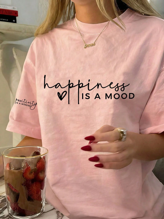Women's New Summer Regular Length Knit Fabric T-Shirt With Positive & Happy Quotes, Simple & Fashionable Casual