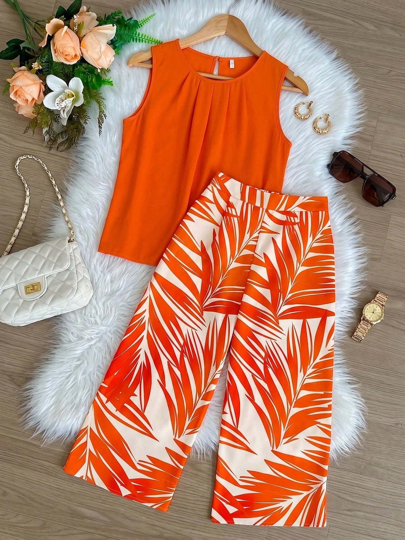 Women's Orange Sleeveless Pleated Top & Tropical Palm Print Wide Leg Pants 2-Piece Outfit