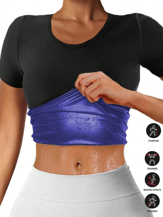 Women's Outdoor Sports Sauna Suit, Round Neck Short Sleeve Workout Top, Women's Body Shaping Sports Outfit Waist Cincher Shorts Fitness Accessories (Order One Size Up)