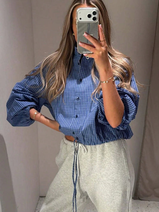 Women's Plaid Elastic Hem Long Sleeve Shirt, Casual Style, Button Front, Checkered Pattern