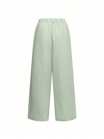Women's Plaid Wide Leg Pants, Decorated With Bow Waist, Summer Bohemian Style Long Pants, Suitable For Back To School, Commuting, Beach And Daily Wear
