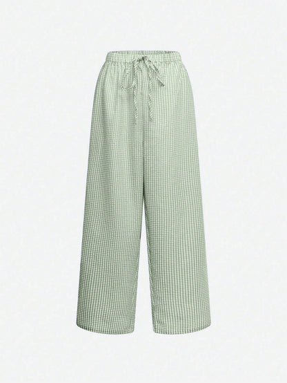 Women's Plaid Wide Leg Pants, Decorated With Bow Waist, Summer Bohemian Style Long Pants, Suitable For Back To School, Commuting, Beach And Daily Wear