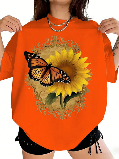 Women's Plus Size Butterfly Sunflower Print Round Neck T-Shirt, Light Breathable Casual Summer Vacation Top