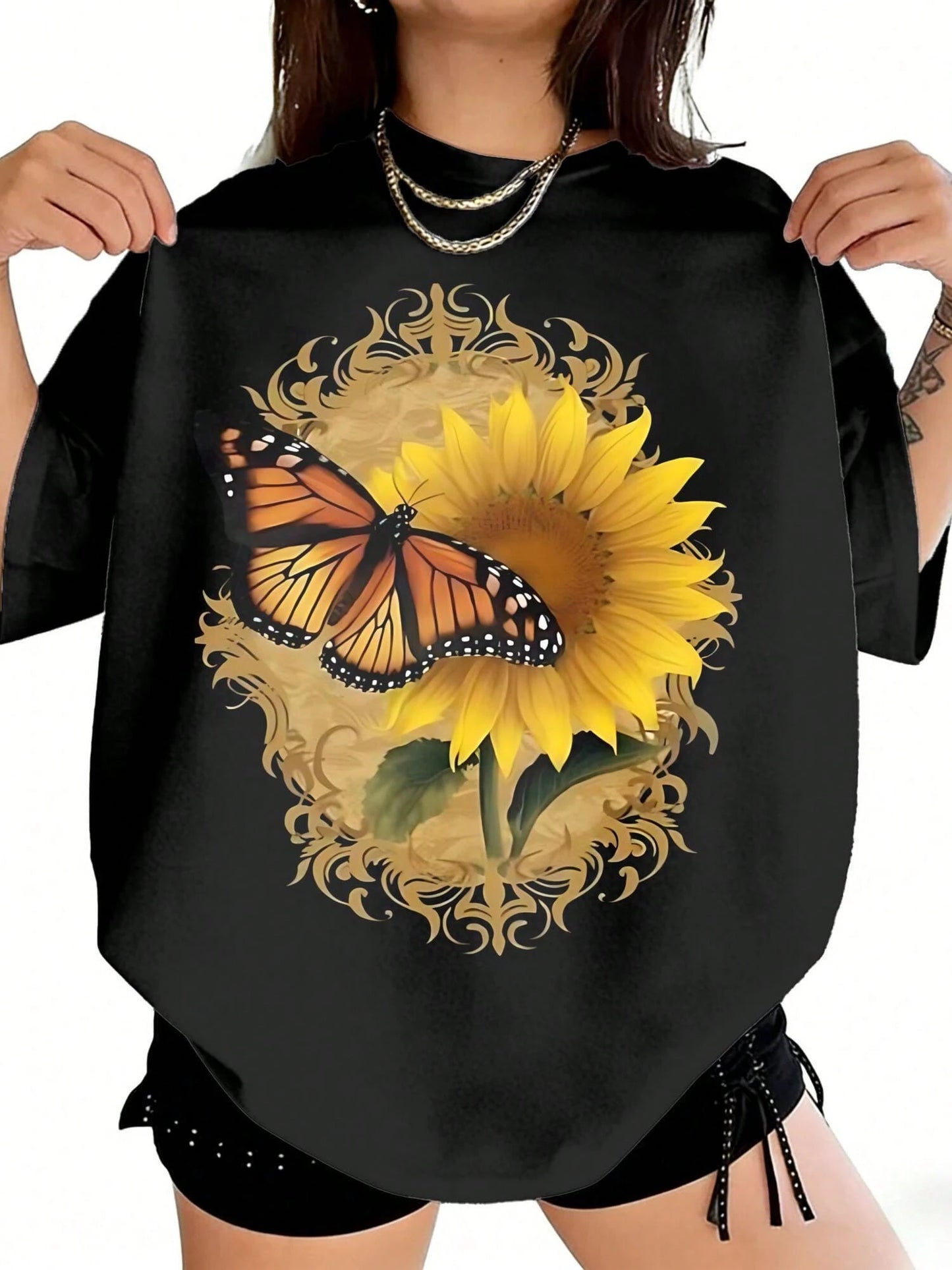 Women's Plus Size Butterfly Sunflower Print Round Neck T-Shirt, Light Breathable Casual Summer Vacation Top