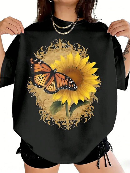 Women's Plus Size Butterfly Sunflower Print Round Neck T-Shirt, Light Breathable Casual Summer Vacation Top