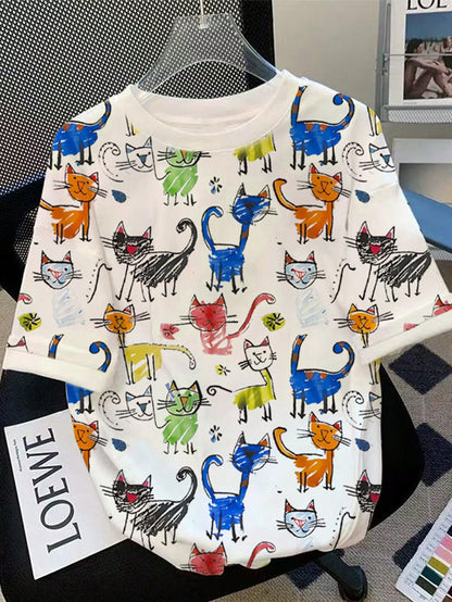 Women's Plus Size Cartoon Print Crew Neck T-Shirt